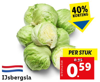 Ijsbergsla met 40% korting voor 0.59 per stuk