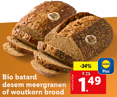 34% korting met Lidl Plus op bio batard desem meergranen of woutkorn brood: nu 1.49