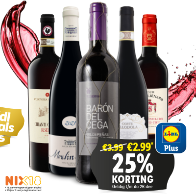 Heerlijke wijnen voor tijdens de kerst, nu met 25% korting met Lidl Plus!