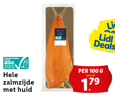 Hele zalmzijde met huid: per 100g 1.79!