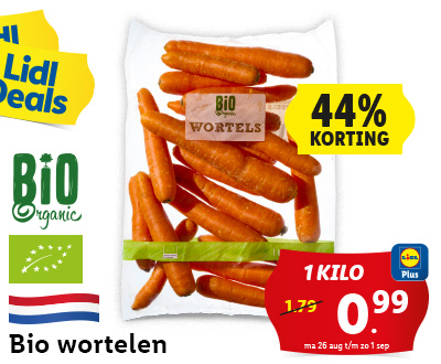 Bio wortelen: 1 kilo nu voor 0.99 met Lidl Plus