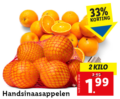 33% korting op handsinaasappelen: 2 kilo voor 1.99