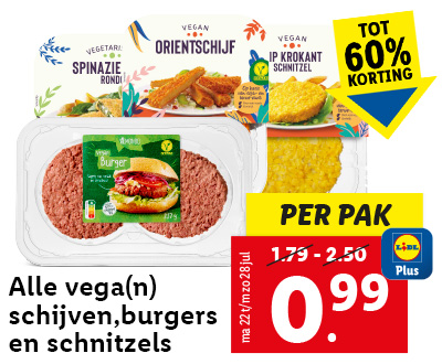 Alle vega(n) schijven, burgers en schnitzels 0.99 met Lidl Plus