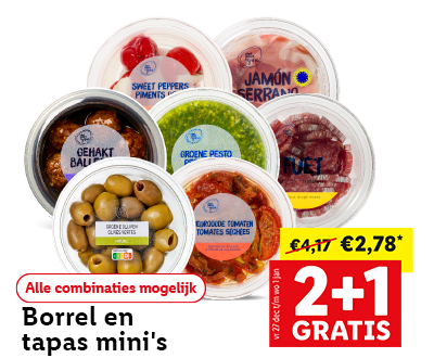 Borrel en tapas mini's: 2+1 gratis (alle combinaties mogelijk)