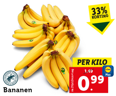 1 kilo bananen: 0,99 met Lidl Plus