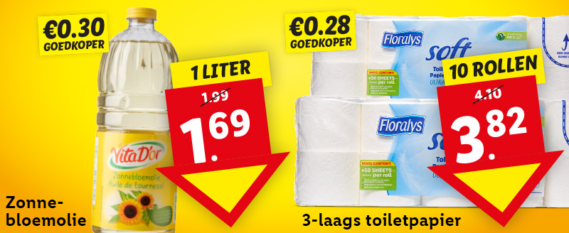 Lidl verlaagt de prijs op o.a. zonnebloemolie en 3-laags toiletpapier