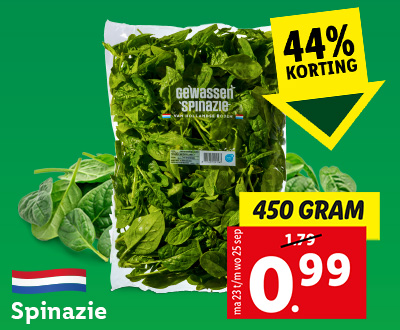 Spinazie: 450 gram voor 0.99