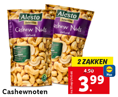 Cashewnoten: 2 zakken voor 3.99 met Lidl Plus