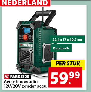 Parkisde Accu-bouwradio 12V/20V zonder accu