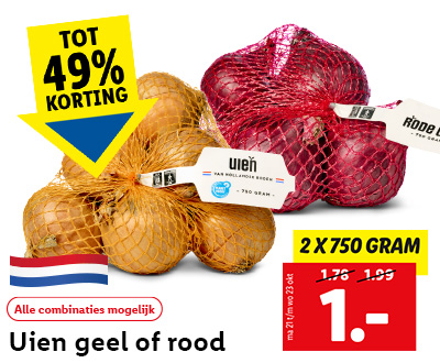 Gele en/of rode uien: 2x750 gram voor slechts 1.-