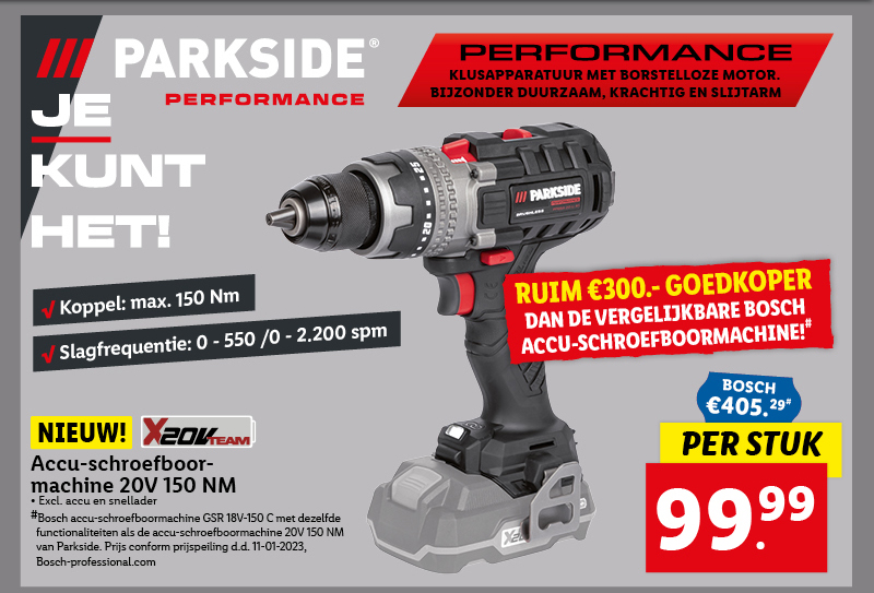 Parkside Performance Accu-boormachine 20V zonder accu 150 Nm